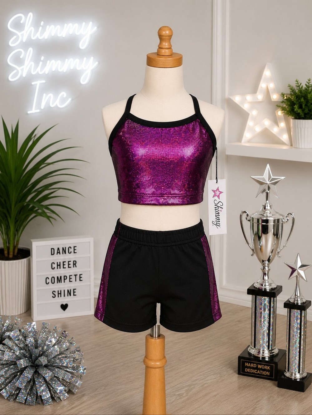 Shimmy Shimmy Inc Fuschia Hologram Dance crop top and short Set NWT Cheer Gym